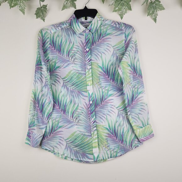 Tommy Bahama Tops - Tommy Bahama Size XS Tropical Leaf Print Green Violet White Cotton Top Blouse
